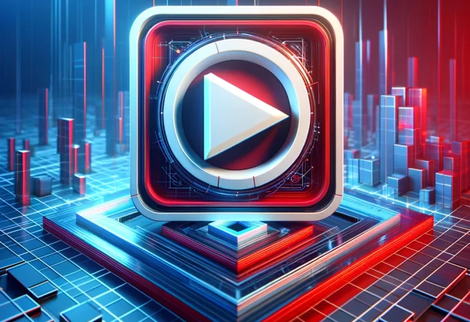 Forgotten YouTube password reset illustration - futuristic logo with play button symbol in red rectangle against cyberpunk high-tech background